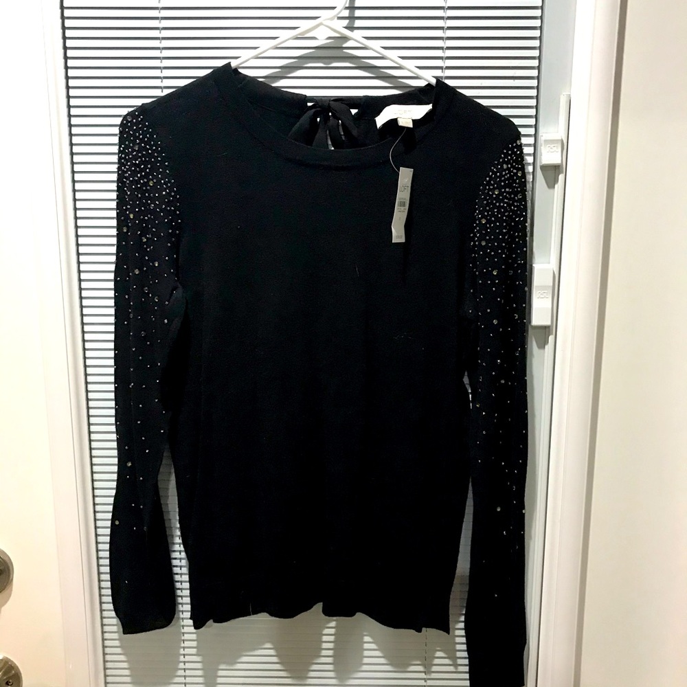 Loft jeweled LS sweater with tie at neck